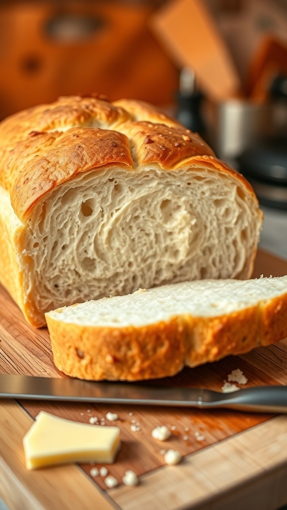 A golden brown loaf of homemade bread sliced on a wooden board with a butter knife.